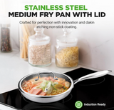 NutriChef 10" Stainless Steel Frying Pan - Triply Kitchenware Stir Fry Pan Kitchen Cookware w/DAKIN Etching Non-Stick Coating, Scratch-resistant Raised-up Honeycomb Fire Textured Pattern