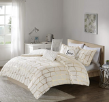 Intelligent Design Raina Duvet Set Metallic Print Geometric Style Embroidered Toss Pillows Modern Trendy All Season Comforter Cover Bedding-Set with Matching Sham, King/Cal King, Ivory/Gold 5 Piece