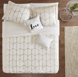 Intelligent Design Raina Duvet Set Metallic Print Geometric Style Embroidered Toss Pillows Modern Trendy All Season Comforter Cover Bedding-Set with Matching Sham, King/Cal King, Ivory/Gold 5 Piece