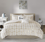 Intelligent Design Raina Duvet Set Metallic Print Geometric Style Embroidered Toss Pillows Modern Trendy All Season Comforter Cover Bedding-Set with Matching Sham, King/Cal King, Ivory/Gold 5 Piece