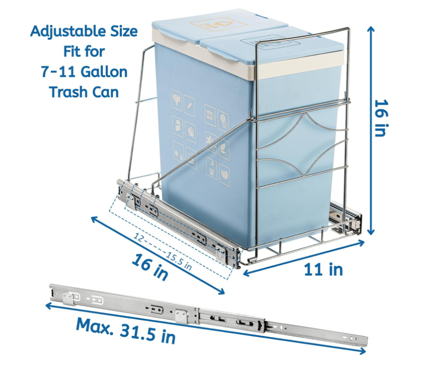 Youeon Pull Out Trash Can Holder Under Cabinet, 16x11x16 Inch Heavy Duty Sink Bin Holder, Adjustable Slide Garbage Shelf, Slider for Kitchen Not Included,Silver