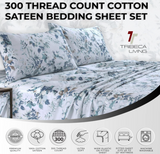 Tribeca Living King Bed Sheet Set, 300 Thread Count Soft Cotton Sateen, Floral Print with Extra Deep Pockets, 4-Piece Bedding Set, Vernazza Blue/Multi