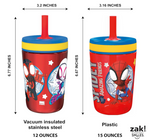 Zak Designs Spidey and His Amazing Friends Kelso Tumbler Set, Leak-Proof Screw-On Lid with Straw, Bundle for Kids Includes Plastic and Stainless Steel Cups with Bonus Sipper, 3pc Set, Non-BPA