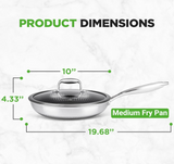NutriChef 10" Stainless Steel Frying Pan - Triply Kitchenware Stir Fry Pan Kitchen Cookware w/DAKIN Etching Non-Stick Coating, Scratch-resistant Raised-up Honeycomb Fire Textured Pattern - NC3PL10