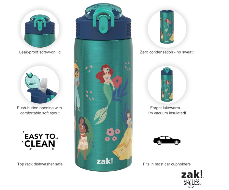 Zak Designs Disney Princess Water Bottle for Travel and At Home, 19 oz Vacuum Insulated Stainless Steel with Locking Spout Cover, Built-In Carrying Loop, Leak-Proof Design (Disney Princess) Secondary image