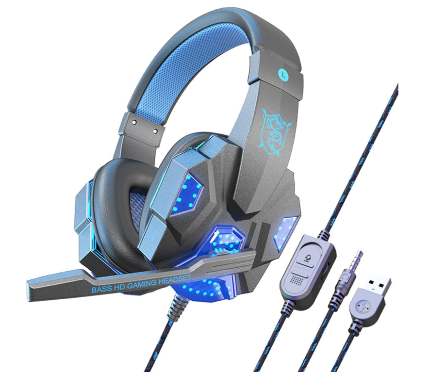 KUFUNG 3.5mm Gaming Headset ENC Noise Cancelling Mic LED Headphones Stereo Bass Surround for PC PS4 Xbox One,Black Blue Main image