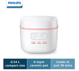 Philips 3000 Series Mini Rice Cooker - Compact Size for Small Families, 5 Auto Menus, Bakuhanseki Coating Inner Pot, Dual Temperature Sensor, Fast Cooking, White (HD3064/62)