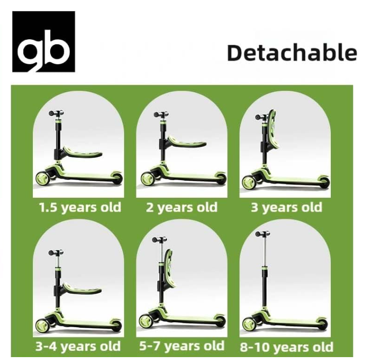 gb Kids Scooter with Removable Seat, Adjustable Height, LED Wheels, Ages 1.5-10 Years