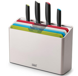 Joseph Joseph Folio Icon, 8-Piece Color Coded Knife and Cutting Board Set, Slimline case for organized Kitchen Storage - Large, Silver