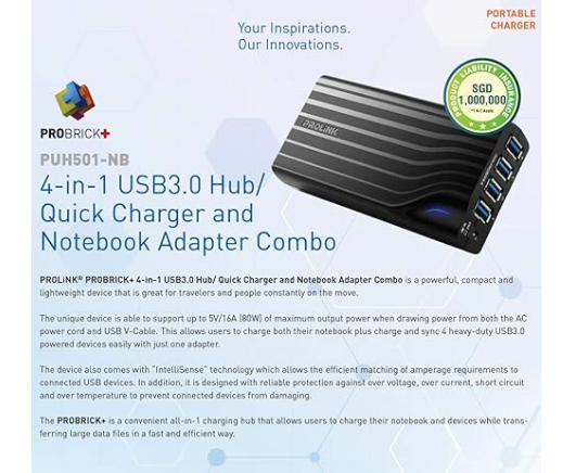 PROLiNK [Charge 4 heavy-duty USB powered devices] Prolink PROBRICK 80W Quick Charger USB3.0 4-Port Hub with Notebook Adapter Car Charger Combo(PUH501-NB-BLK),black,HUB-501NB-BLK