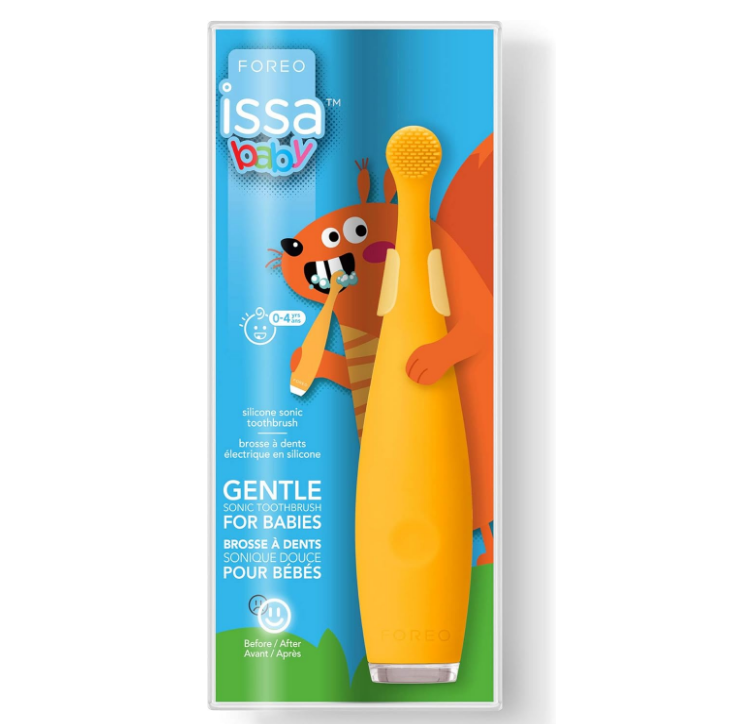 FOREO ISSA baby Sunflower Yellow 0-4 Electric Sonic Toothbrush, 100% Medical-grade Silicone Bristles for Baby Teeth & Gums, No Detachable Parts, 240 Uses/Charge, FDA Approved