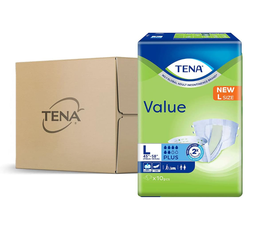 TENA Value, Plus, L (114 - 147cm), 10ct (Pack of 8)