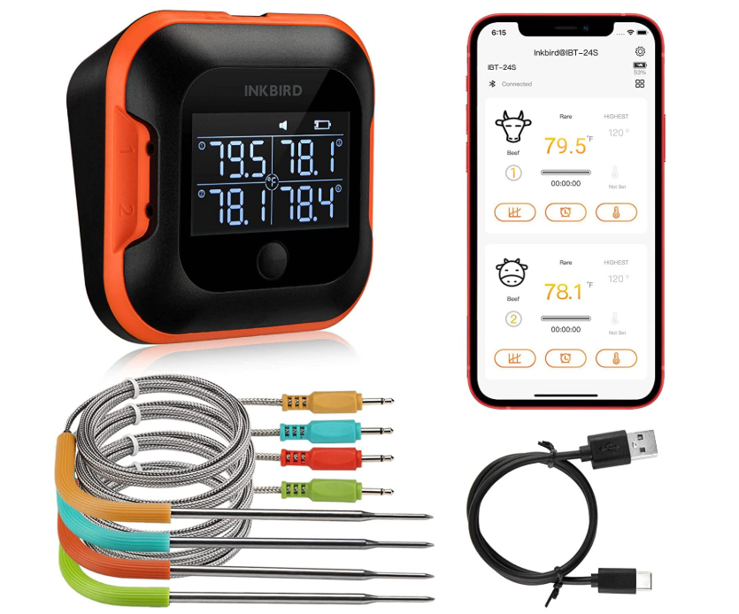 Inkbird 150ft Bluetooth Meat Thermometer with 4 Colored Probes, Temperature Graph Real-time Check & Download BBQ Grill Thermometer for Kitchen Food Smoker Thermometer IBT-24S, Rechargeable
