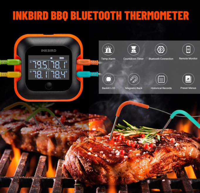 Inkbird 150ft Bluetooth Meat Thermometer with 4 Colored Probes, Temperature Graph Real-time Check & Download BBQ Grill Thermometer for Kitchen Food Smoker Thermometer IBT-24S, Rechargeable