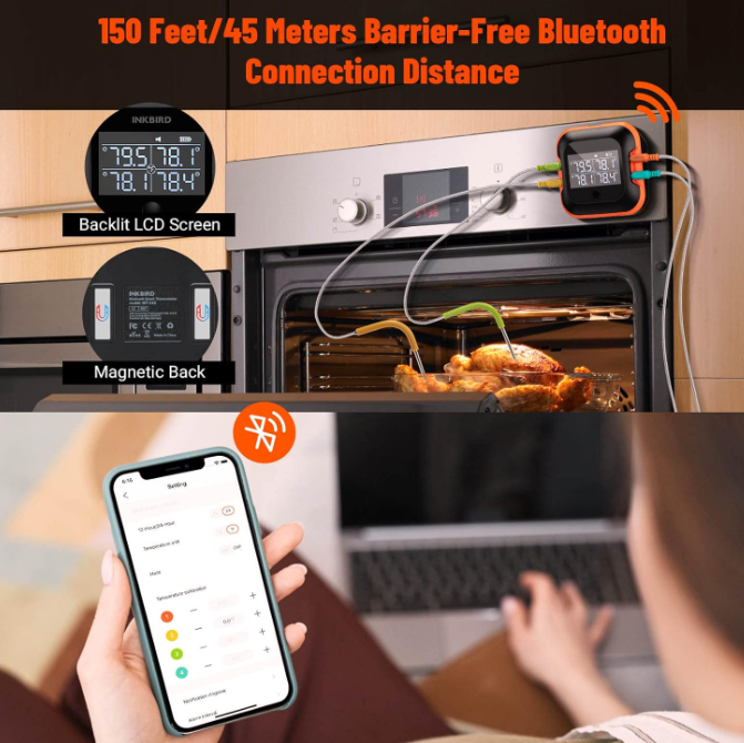 Inkbird 150ft Bluetooth Meat Thermometer with 4 Colored Probes, Temperature Graph Real-time Check & Download BBQ Grill Thermometer for Kitchen Food Smoker Thermometer IBT-24S, Rechargeable