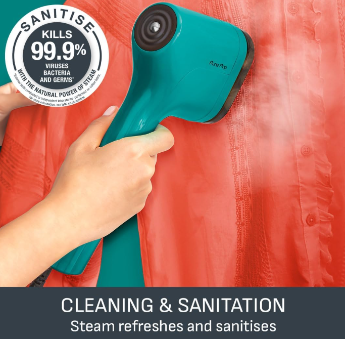 Tefal Pure POP DT2024 - Garment Steamer, Steam/Purify Garments, 20 g/min Continuous Steam, Lint Remover, Reversible Pad System, Ultra-Compact, Travel-Friendly, Fast Heat-Up, Teal Green