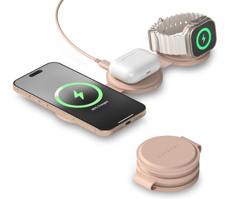 Satechi OntheGo™ 3 in 1 Wireless Charger, Qi2 Portable Charger with 15W Fast Charging for iPhone 17 to 12 Series, 5W for Apple Watch, and 5W for AirPods, Magnetic Travel Charging Station – Desert Rose Main image