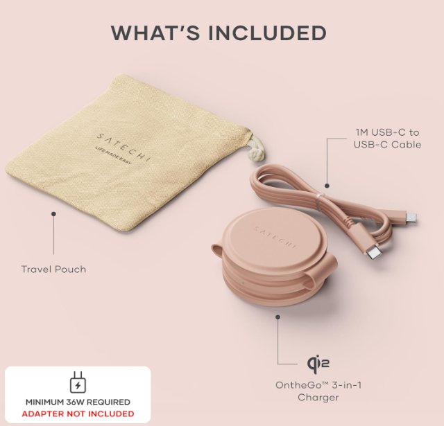 Satechi OntheGo™ 3 in 1 Wireless Charger, Qi2 Portable Charger with 15W Fast Charging for iPhone 17 to 12 Series, 5W for Apple Watch, and 5W for AirPods, Magnetic Travel Charging Station – Desert Rose Secondary image