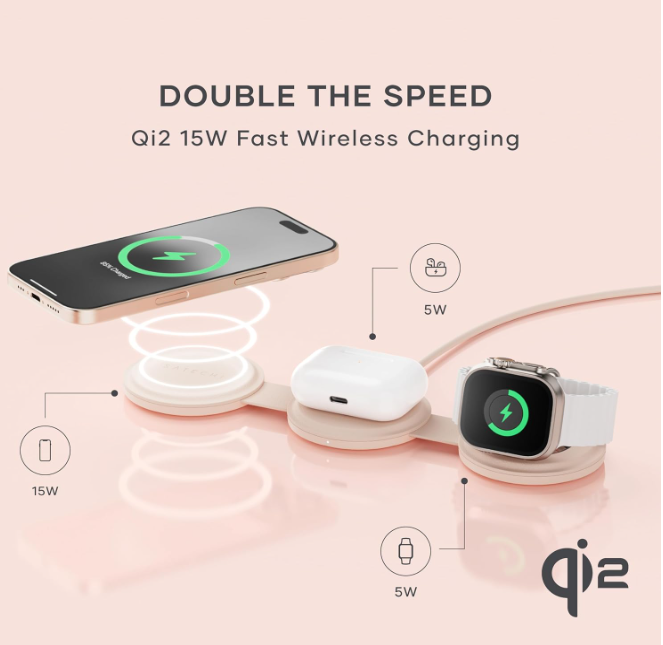Satechi OntheGo™ 3 in 1 Wireless Charger, Qi2 Portable Charger with 15W Fast Charging for iPhone 17 to 12 Series, 5W for Apple Watch, and 5W for AirPods, Magnetic Travel Charging Station – Desert Rose