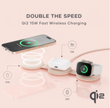 Satechi OntheGo™ 3 in 1 Wireless Charger, Qi2 Portable Charger with 15W Fast Charging for iPhone 17 to 12 Series, 5W for Apple Watch, and 5W for AirPods, Magnetic Travel Charging Station – Desert Rose