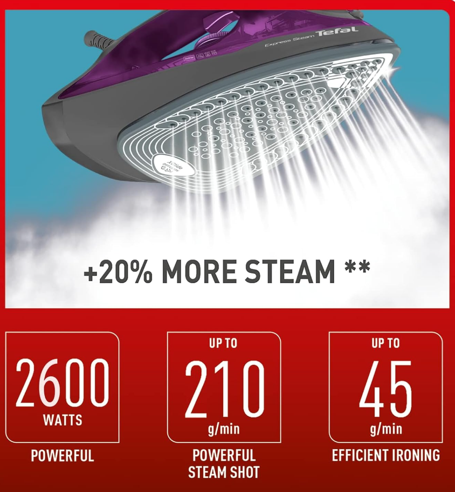 Tefal Express Steam FV2843 - Steam Iron, 2600W, 210g/min Boost Shot, 45g/min Continuous Output, Ceramic Soleplate, Easy-Refilling Water Tank, Anti-Drip Protection, Automatic Steam