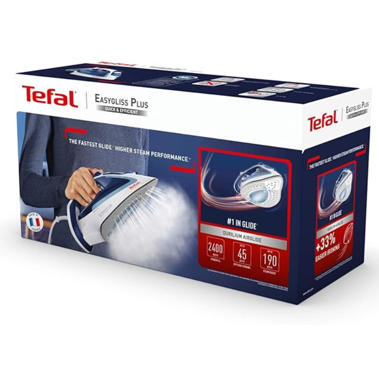 Tefal Easygliss FV5715 - Steam Iron, 190g/min Boost Shot, 45g/min Continous Output, Automatic Steam, Anti-Scale Setting, Durilium Airglide, Blue