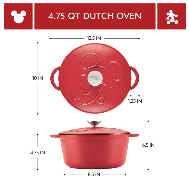 Farberware Disney Bon Voyage Pre-Seasoned Cast Iron Dutch Oven/Casserole Pan with Lid, Suitable for All Stovetops, Including Induction, 4.75 Quart, Red