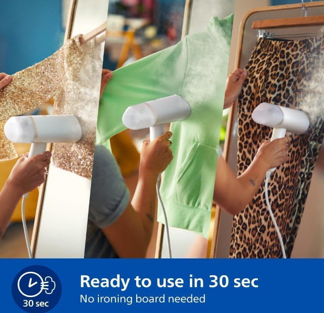Philips 3000 Series Handheld Steamer, Compact and Foldable, 1000W Power, Up to 20g min Steam, Ready in 30 Seconds, Safe for All Fabrics, No Ironing Board Needed STH3020-16