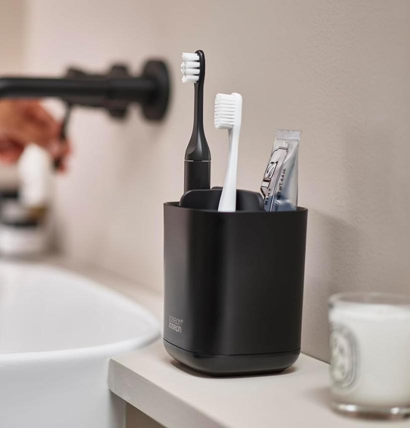 Joseph Joseph Easy-Store - Toothbrush Holder Caddy, Bathroom Storage, Compact, Matt Black