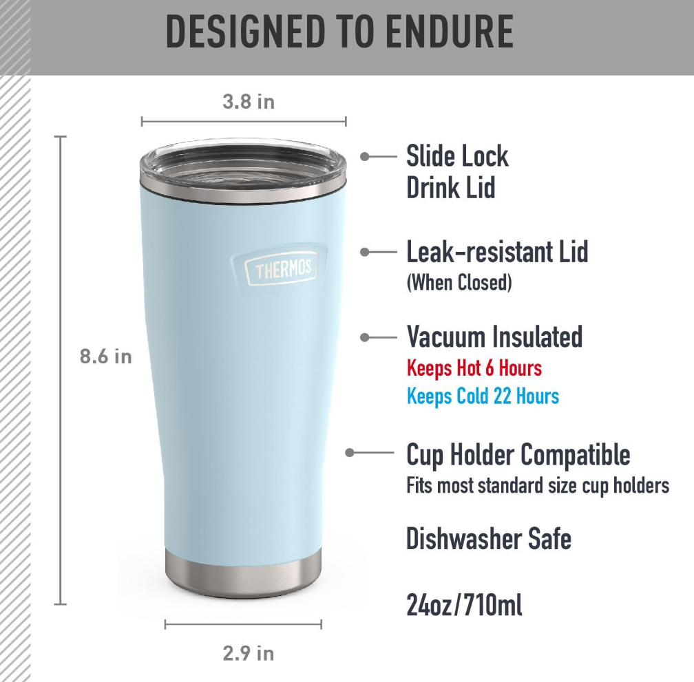 ICON SERIES BY THERMOS Stainless Steel Cold Tumbler with Slide Lock, 24 Ounce, Glacier