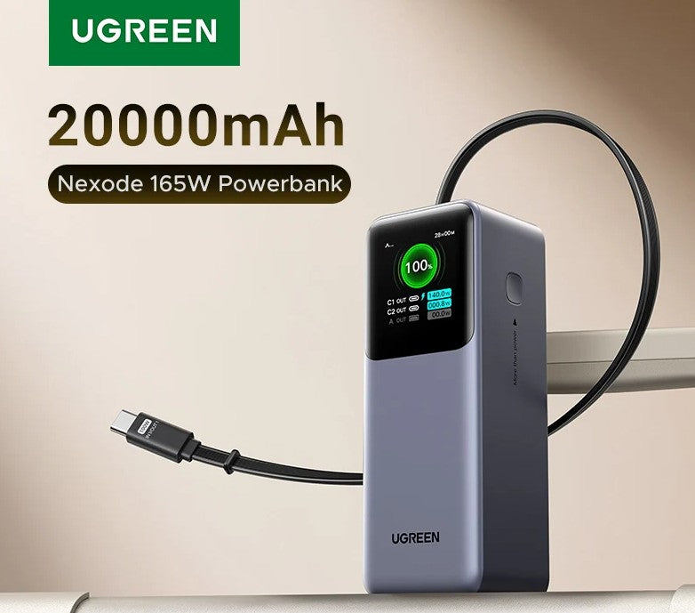 UGREEN Nexode Power Bank 20000mAh 165W with Built-in USB C Cable Laptop Travel Portable Charger, 100W Input, Fast Charging for MacBook Pro/Air/iPhone 16/iPad Pro/Galaxy S25 Ultra/Dell/HP and More