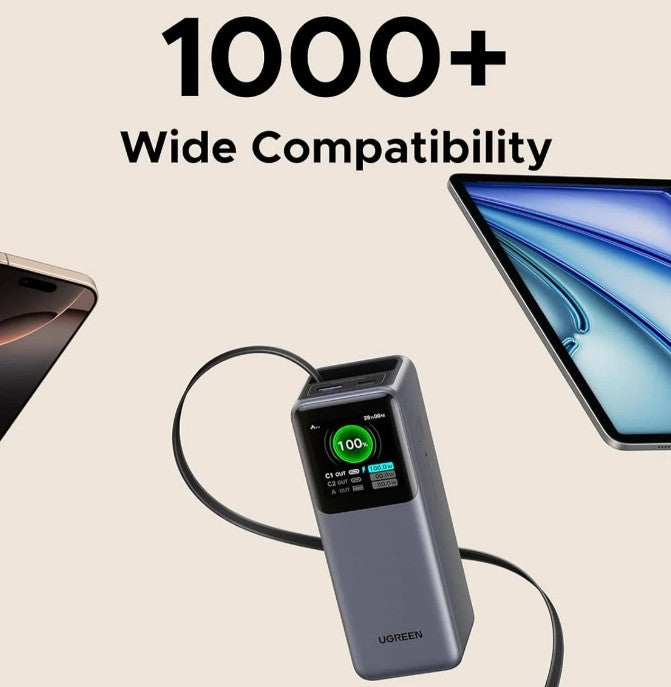 UGREEN Nexode Power Bank 20000mAh 165W with Built-in USB C Cable Laptop Travel Portable Charger, 100W Input, Fast Charging for MacBook Pro/Air/iPhone 16/iPad Pro/Galaxy S25 Ultra/Dell/HP and More