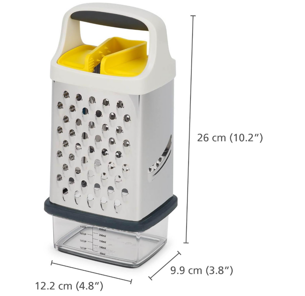 Joseph Joseph Multi-Grip Box Grater for Cheese with Precision food grip, Stainless Steel blades for grating and slicing, non-slip base, Dishwasher safe