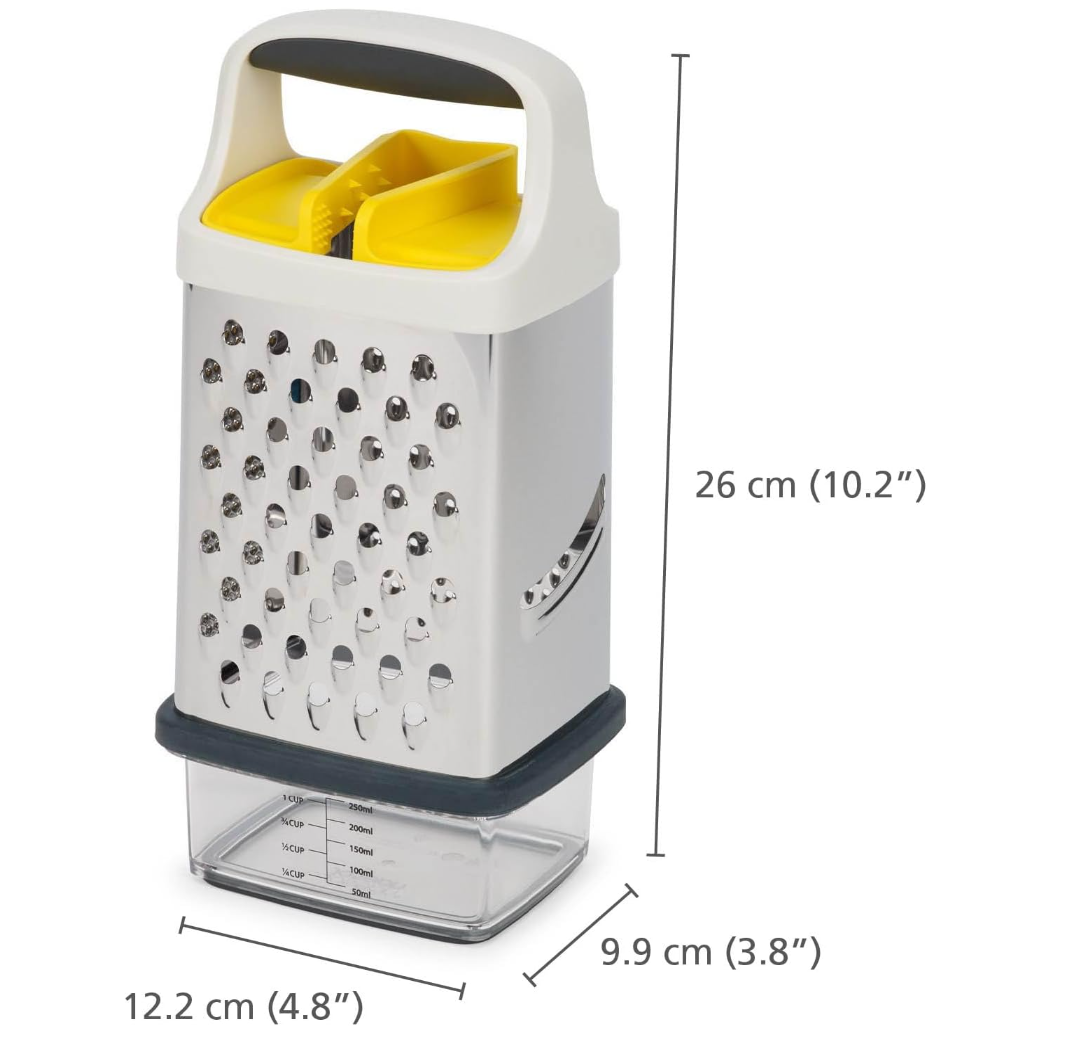 Joseph Joseph Multi-Grip Box Grater for Cheese with Precision food grip, Stainless Steel blades for grating and slicing, non-slip base, Dishwasher safe