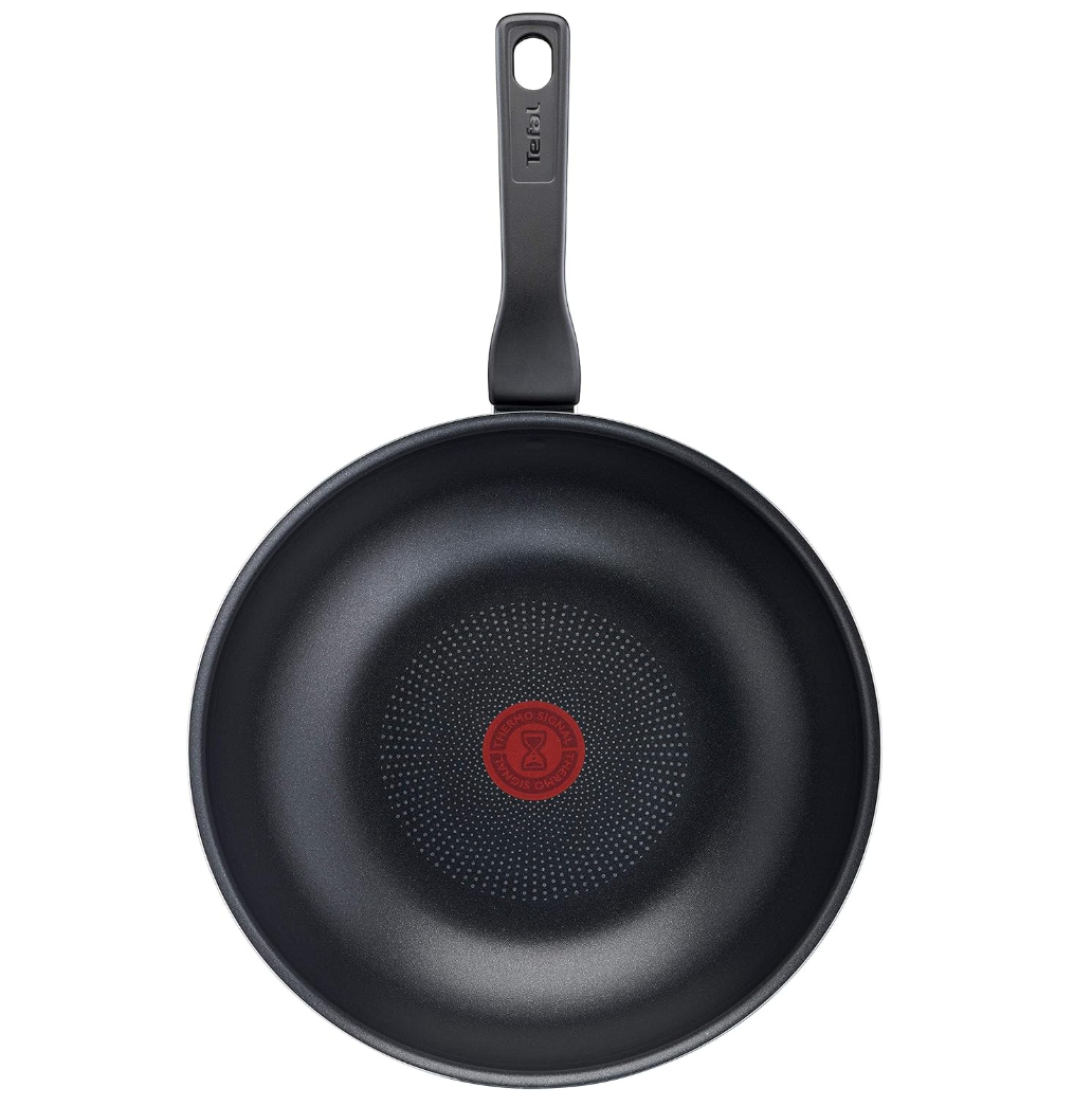 Tefal C38519 XL Force Wok Pan 28 cm Non-Stick Coating Durable Robust Thermal Signal Diffusion Base Pan Base Extra Wide Shape Sturdy Handle Black