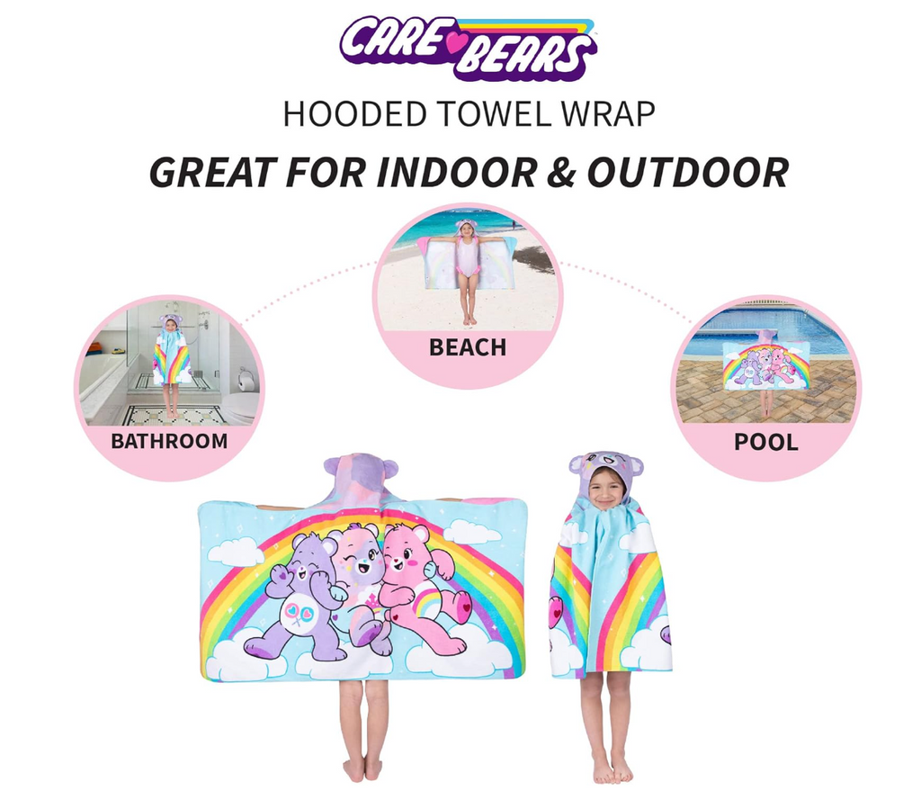 Franco Care Bears Bath/Pool/Beach Soft Cotton Terry Hooded Towel Wrap, 24 in x 50 in