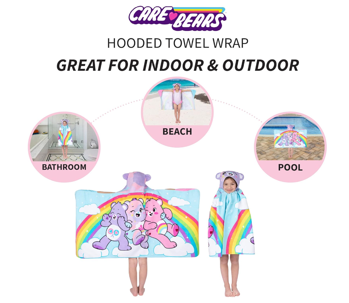 Franco Care Bears Bath/Pool/Beach Soft Cotton Terry Hooded Towel Wrap, 24 in x 50 in