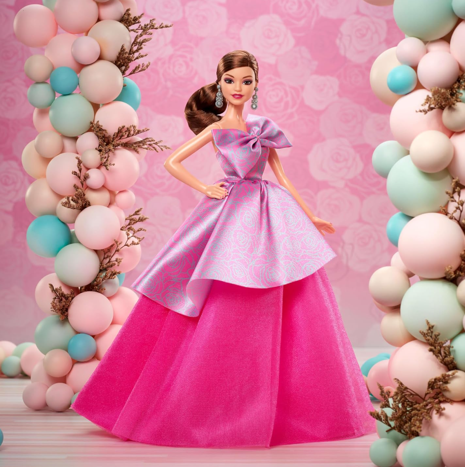 Barbie Signature Birthday Wishes Doll, Collectible Fashion Doll in Satiny, Pink Dress with Wavy Brown Hair