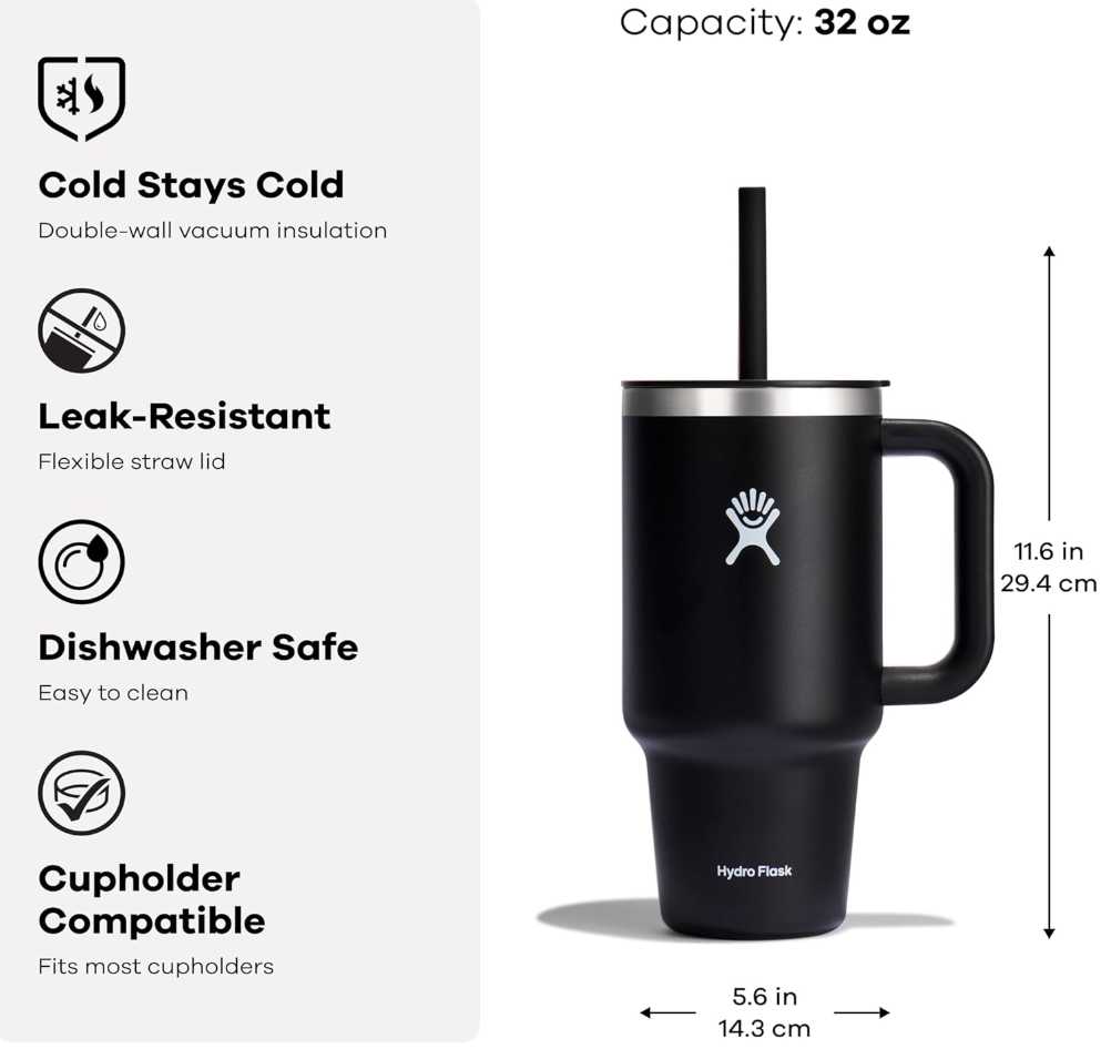 Hydro Flask - Travel Tumbler 946 ml -32 oz with Closable Press-In Straw Lid - Stainless Steel - Double Wall Vacuum Insulated - Splash resistant lid - Black