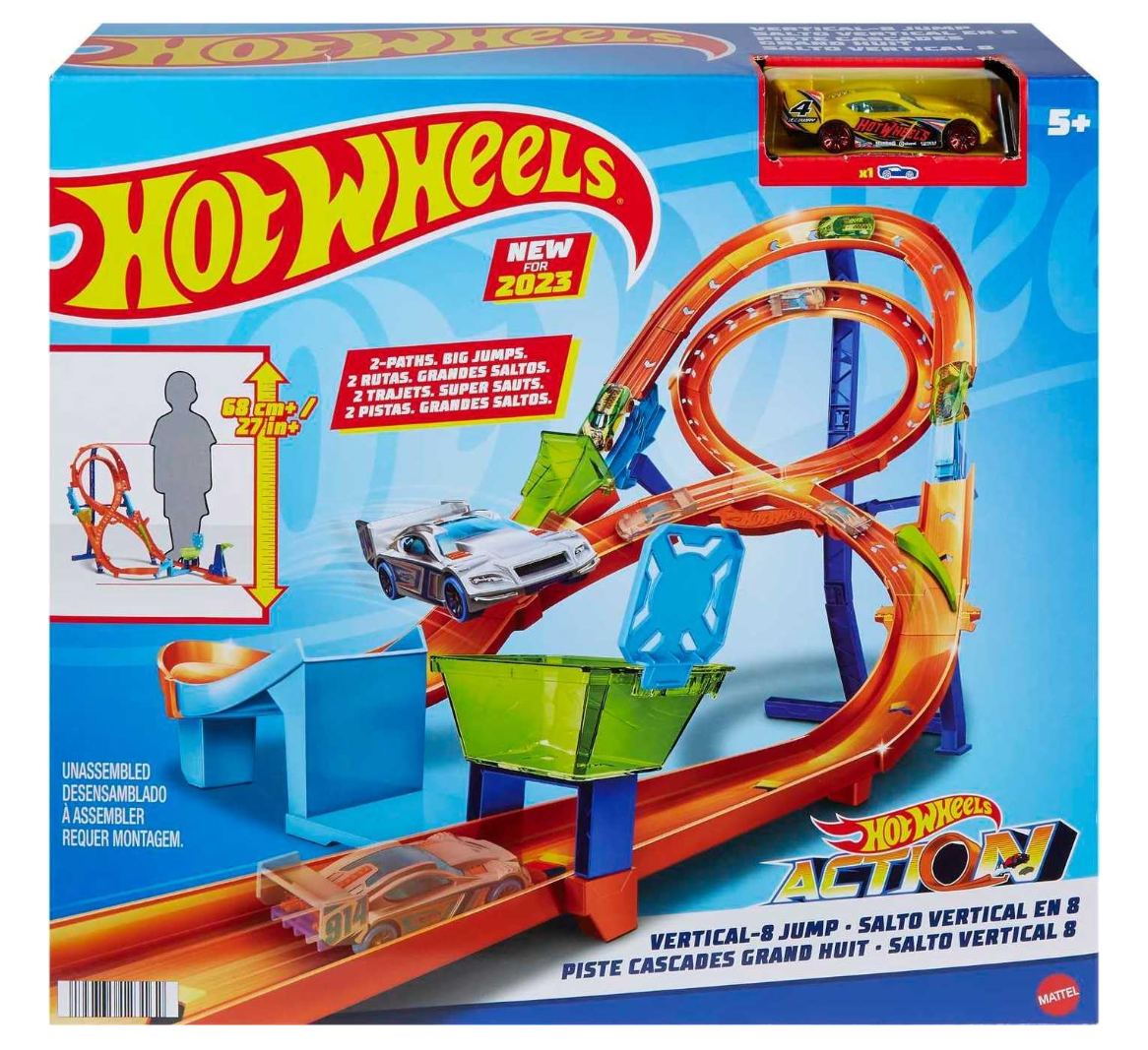 Hot Wheels Track Set with 1 Hot Wheels Car, Tall Figure-8 Track for Race & Stunting, Connects to Other Hot Wheels Tracks, Folds for Convenient Storage