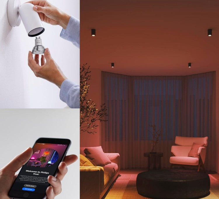 Philips Hue Essential Smart LED GU10 Spotlight, White and Color Ambiance, 4.4 W, 2200K-6500K, 345 Lumens, Dimmable, Works with Alexa, Google Assistant, and Apple Home, 2 Pack