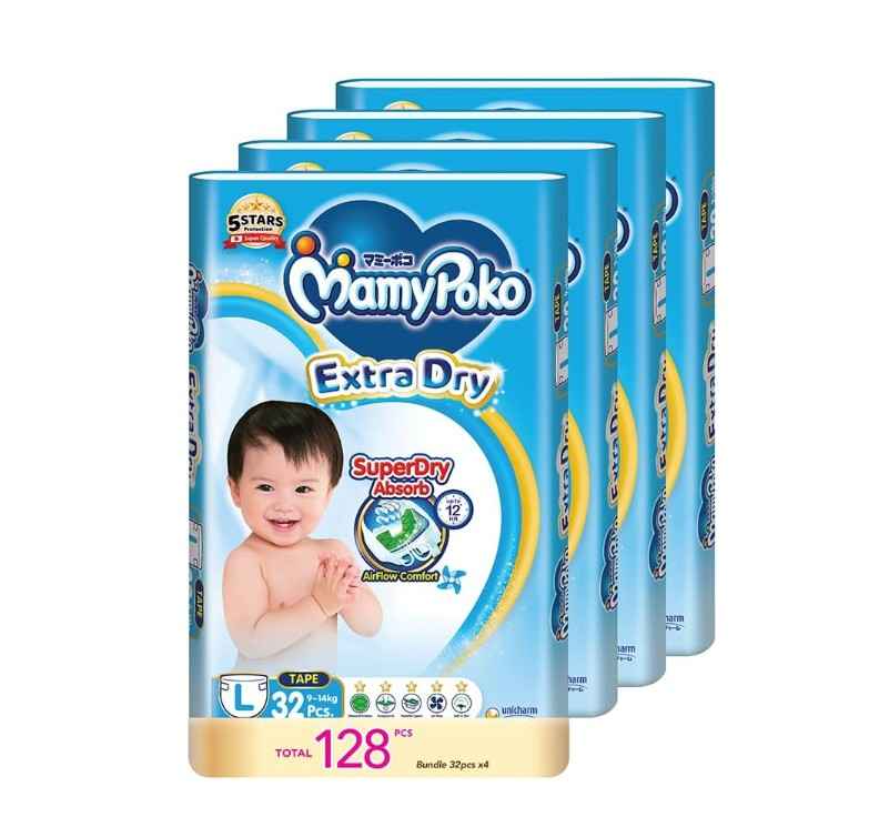 MamyPoko Extra Dry Tape Baby Diapers, L, 9-14kg, 32 Pcs x 4 Packs - Jumbo Pack