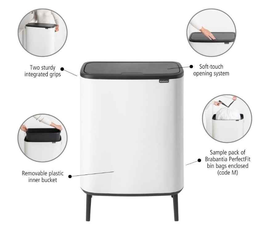 Brabantia Bo Touch Bin Hi - 60L Inner Bucket (White) Large Waste Kitchen Bin - Soft-touch