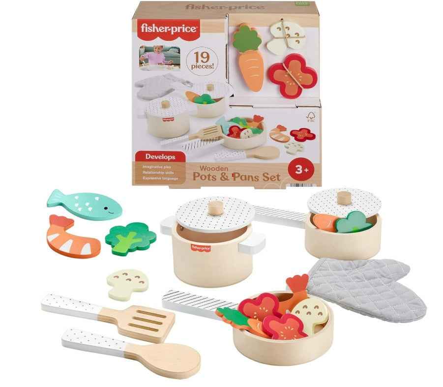 Fisher-Price Wooden Pots and Pans Set For Preschool Kitchen Pretend Play HXT83 Main image