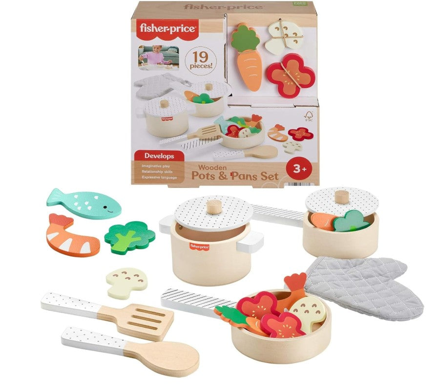 Fisher-Price Wooden Pots and Pans Set For Preschool Kitchen Pretend Play HXT83