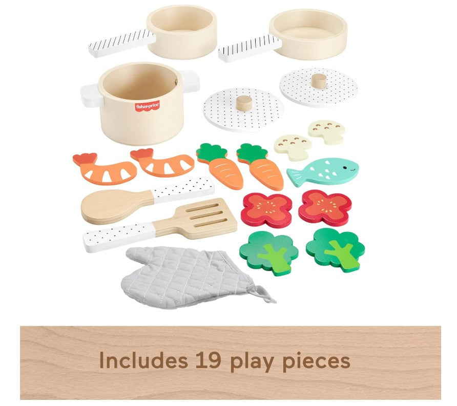 Fisher-Price Wooden Pots and Pans Set For Preschool Kitchen Pretend Play HXT83