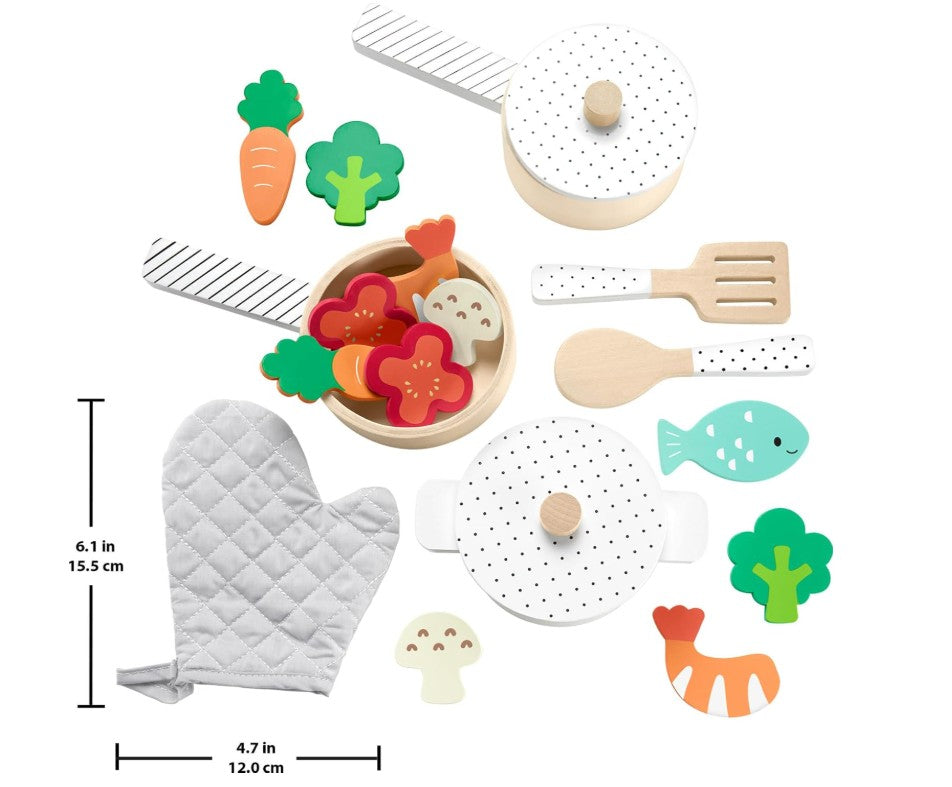 Fisher-Price Wooden Pots and Pans Set For Preschool Kitchen Pretend Play HXT83