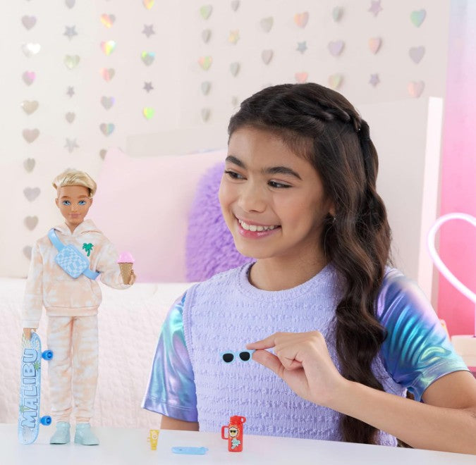 Barbie Dream Besties Doll and Accessories, Ken Posable Fashion Doll with Removable Fashions & Blonde Hair, 9 Summer & Skateboard Themed Pieces