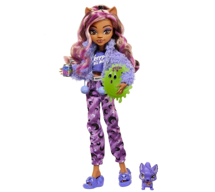 Monster High Creepover Party Doll, Clawdeen Wolf with Pet Dog Crescent, Sleepover Clothes & Accessories like Eye Mask & Pizza