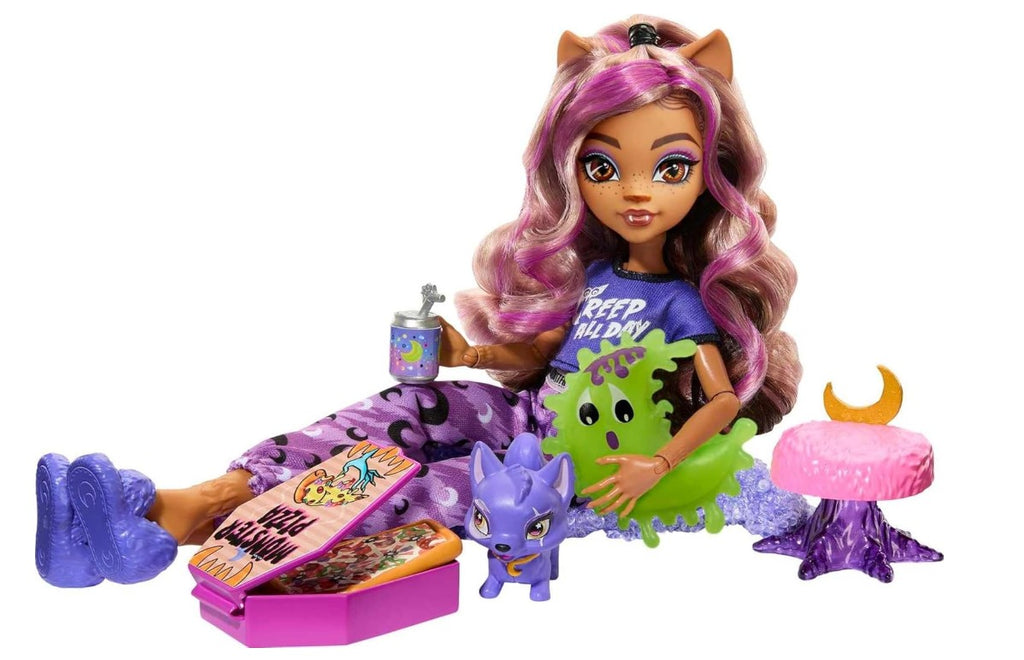 Monster High Creepover Party Doll, Clawdeen Wolf with Pet Dog Crescent, Sleepover Clothes & Accessories like Eye Mask & Pizza